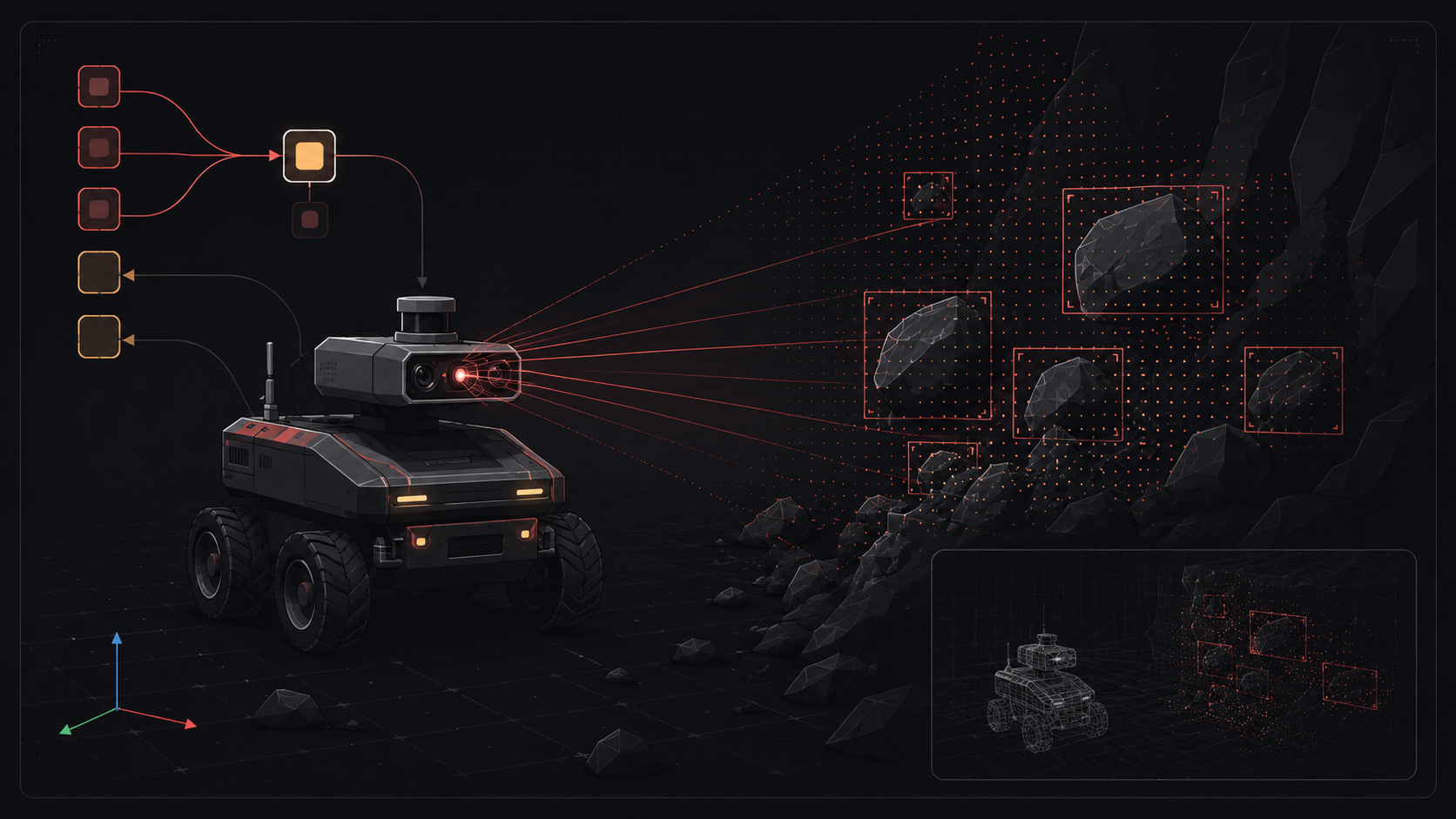 ABB robotic perception mining visual: mobile robot camera scan, point-cloud obstacle detection, 3D localization overlays, ROS 2-style signal flow, and simulation review frame.
